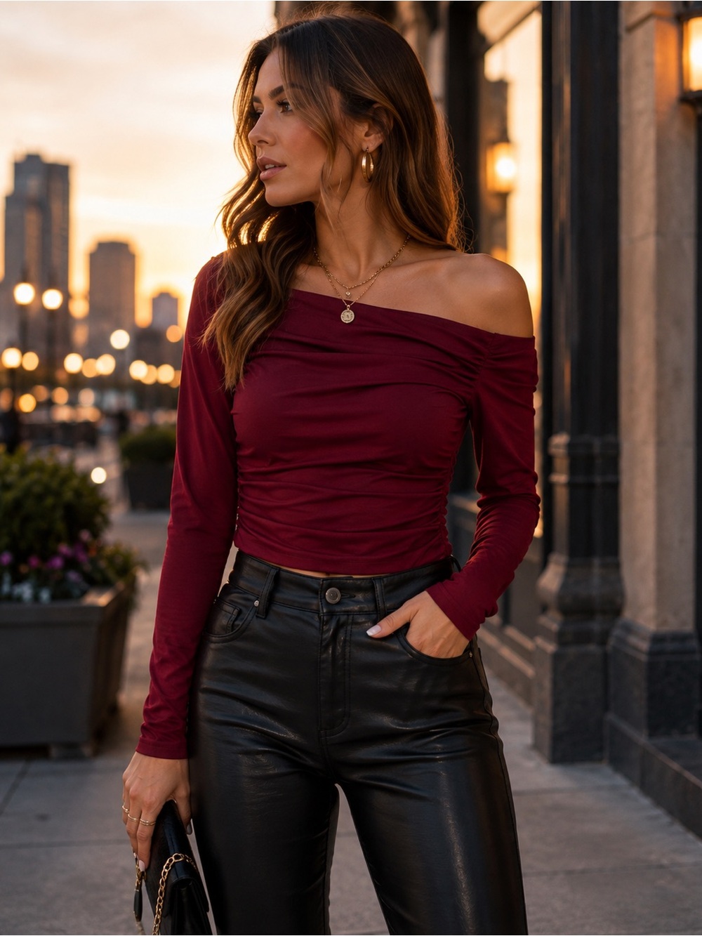 SHEIN Burgundy Ruched Off Shoulder Long Sleeve Top M Wine Y2K